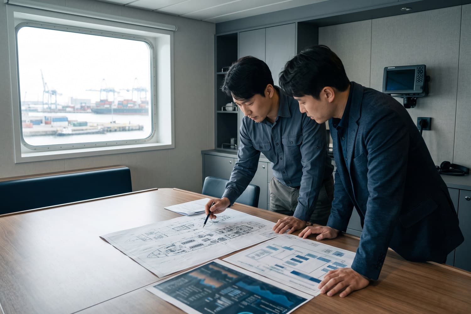 Close view of a vessel general-arrangement drawing being reviewed on a table