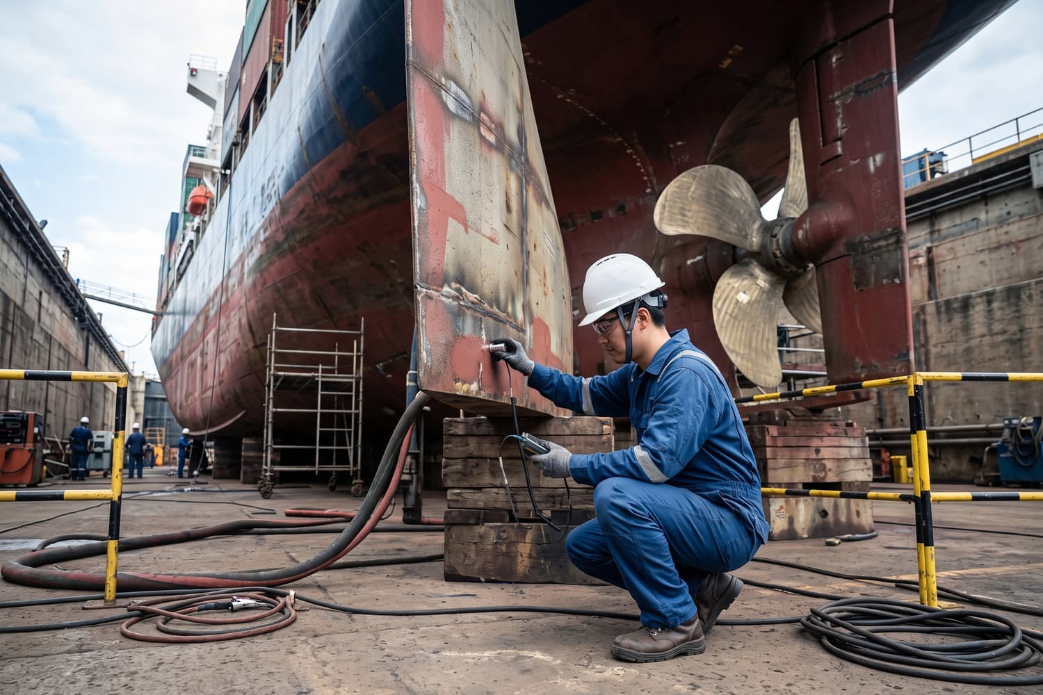 Inspection of deck machinery on a commercial vessel in daylight