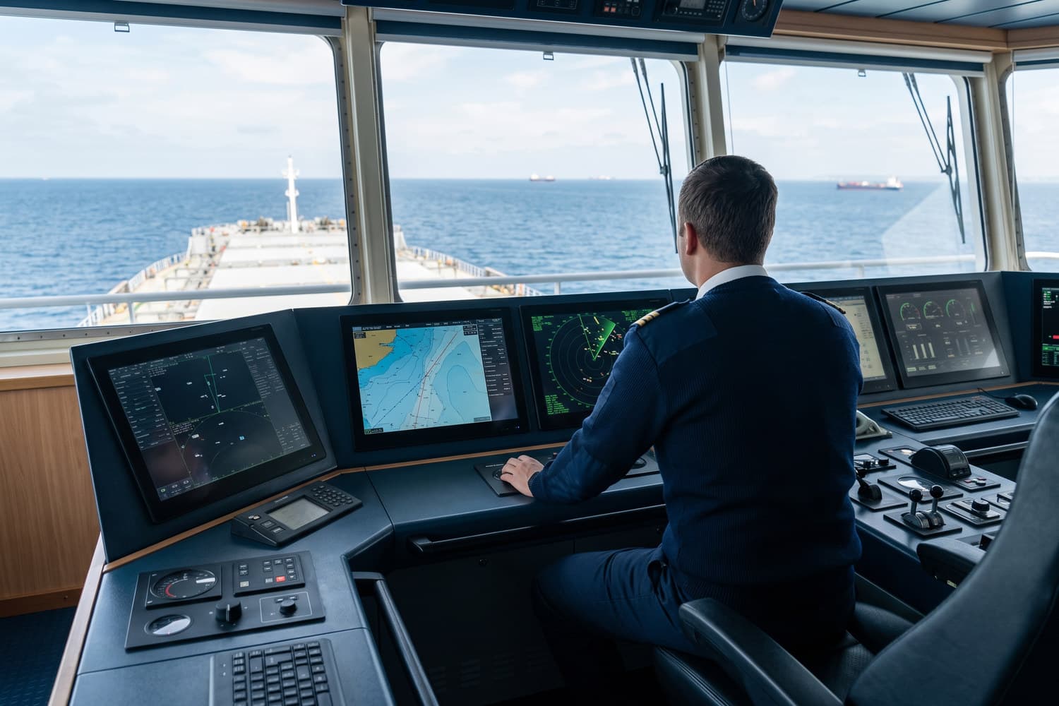 View from a vessel bridge towards a harbour during a coordinated port call